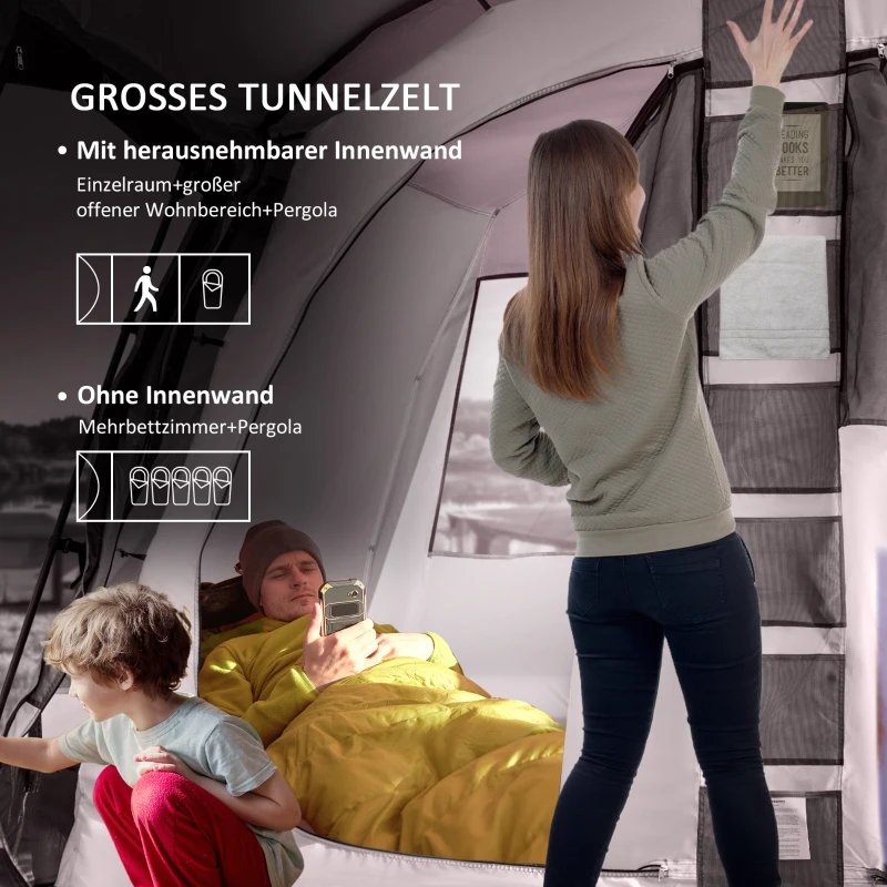 Outsunny Camping Zelt 8 Personen Zelt Tunnelzelt mit Vorraum 4 Fenster Familienzelt PU3000mm für Trekking Festival Glasfaser Dunkelgrau 580 x 320 x 215 cm