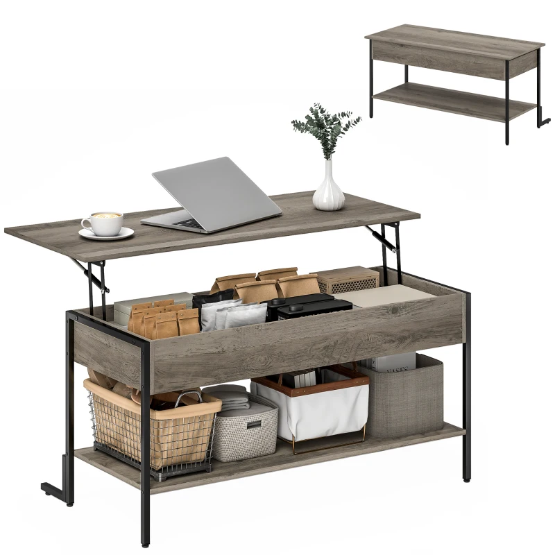 HOMCOM Tavolino con piano sollevabile, tavolino da salotto con vano nascosto e ripiano aperto, 95x40x59cm, grigio