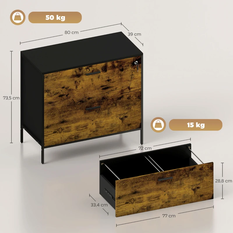 HOMCOM Móvel Arquivo para Escritório com 2 Gavetas Bloco de Gavetas para Arquivos com Fechadura para Pastas Suspensas Tamanho A4 e Carta 80x39x73,5 cm Preto e Marrom
