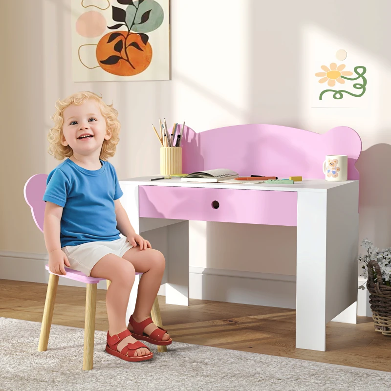 AIYAPLAY Kinder Schreibtisch-Set mit Schublade und Stuhl mit Bärenrückenlehne, Alter 3-8 Jahre, Rosa