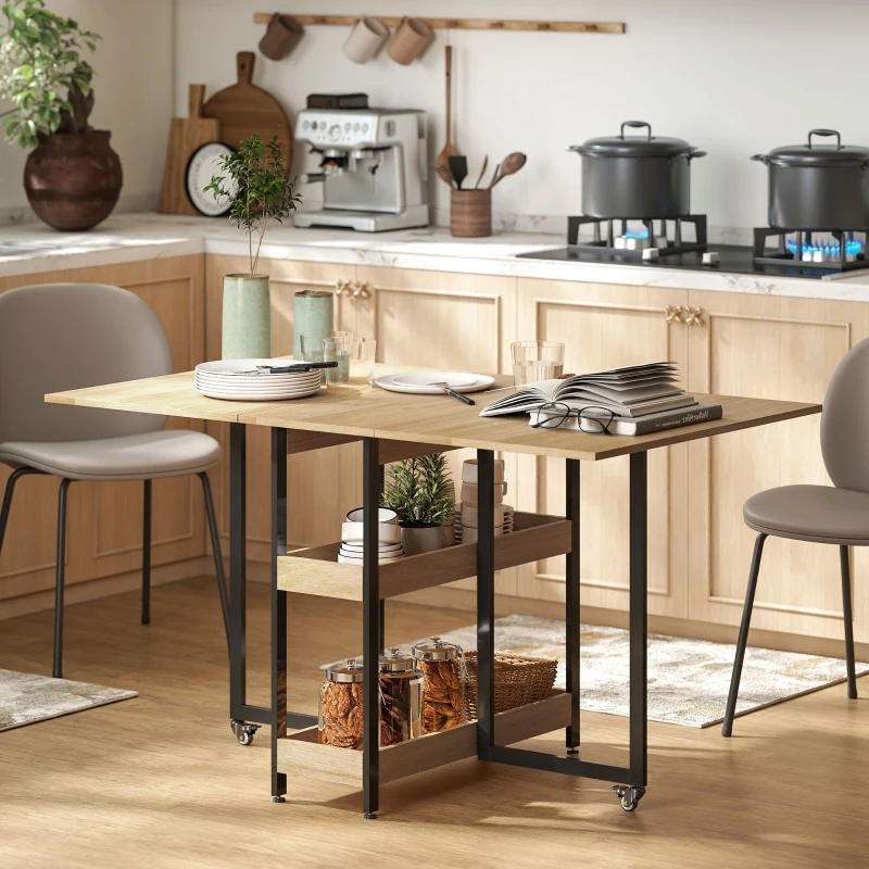 HOMCOM Klappbarer Esstisch auf Rollen für 4 Personen mit offenen Fächern, für kleine Räume, Esszimmer, Eiche