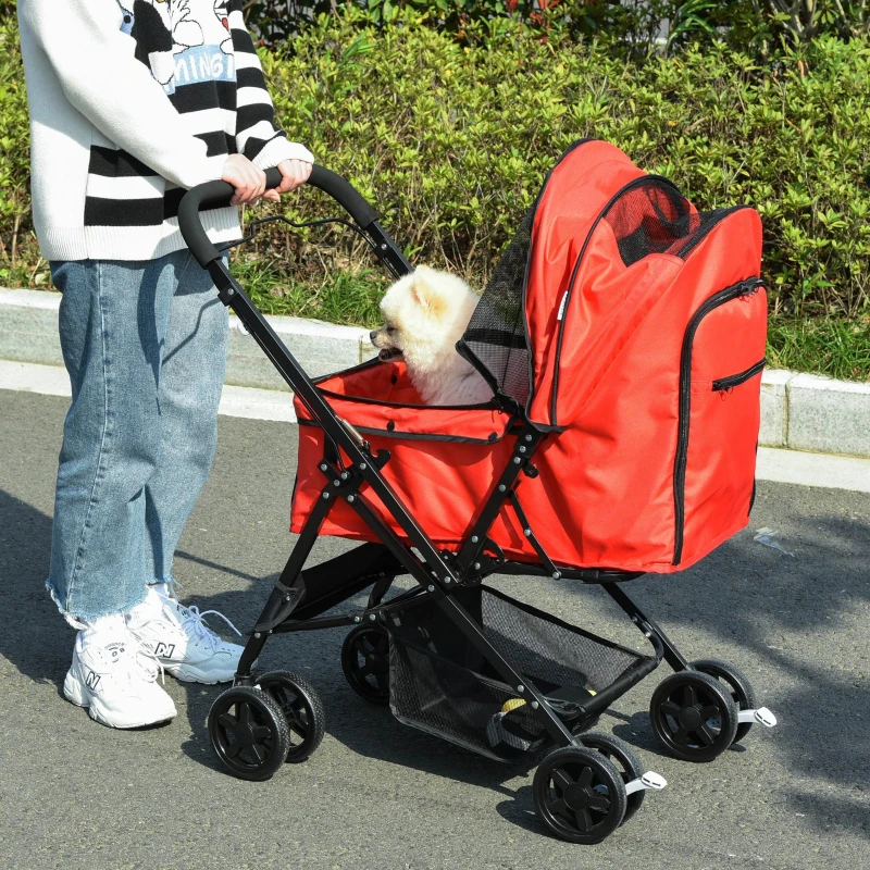PawHut Pet Stroller Pushchair Foldable Travel Dog Cat Carriage w/ Reversible Handle Brake Basket