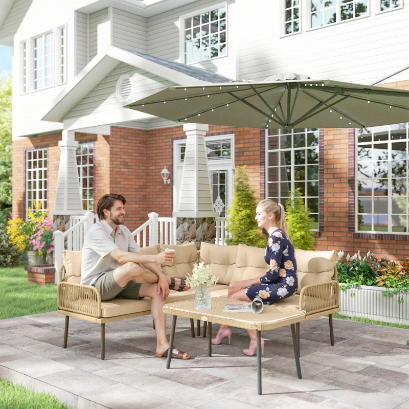 Outsunny Gartenmöbel-Set im Freien aus Polyrattan für 5 Personen, Glastisch und Kissen inklusive, Naturholz