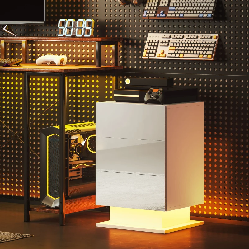 HOMCOM Moderner Nachttisch mit Einstellbarer LED-Licht und Fernbedienung, 40x35x60 cm, Glänzendes Weiß