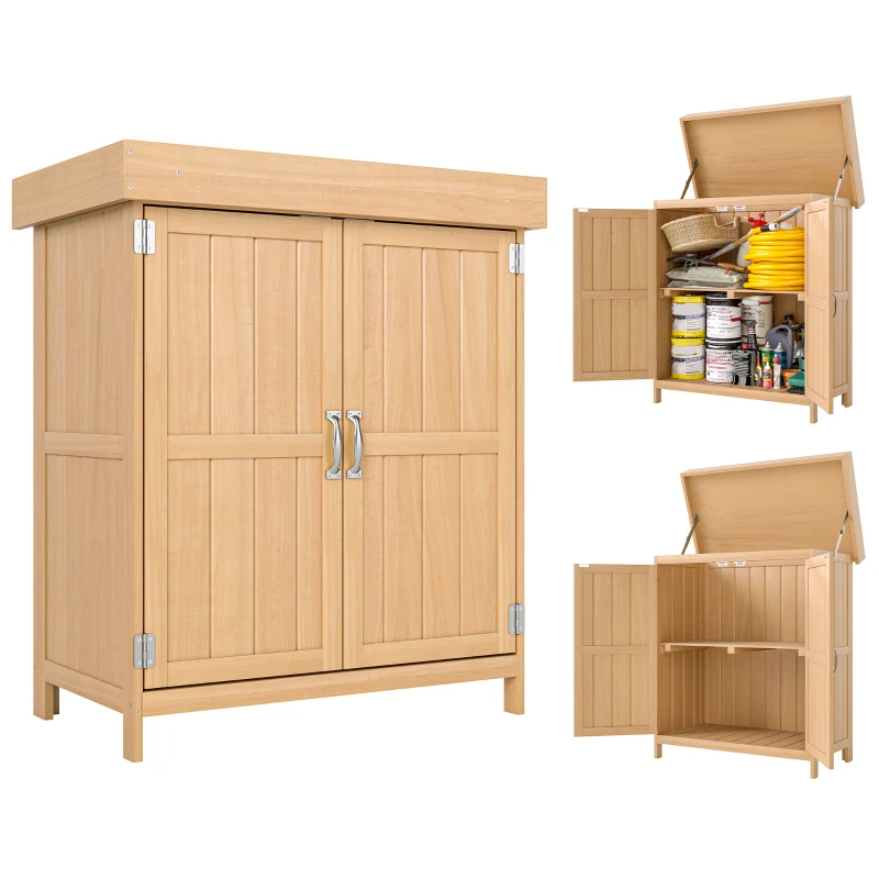 Outsunny Armario de Jardín de Madera 74x43x88 cm Cobertizo Exterior para Almacenamiento de Herramientas Leñas con 2 Puertas y Techo Asfáltico Abatible Natural