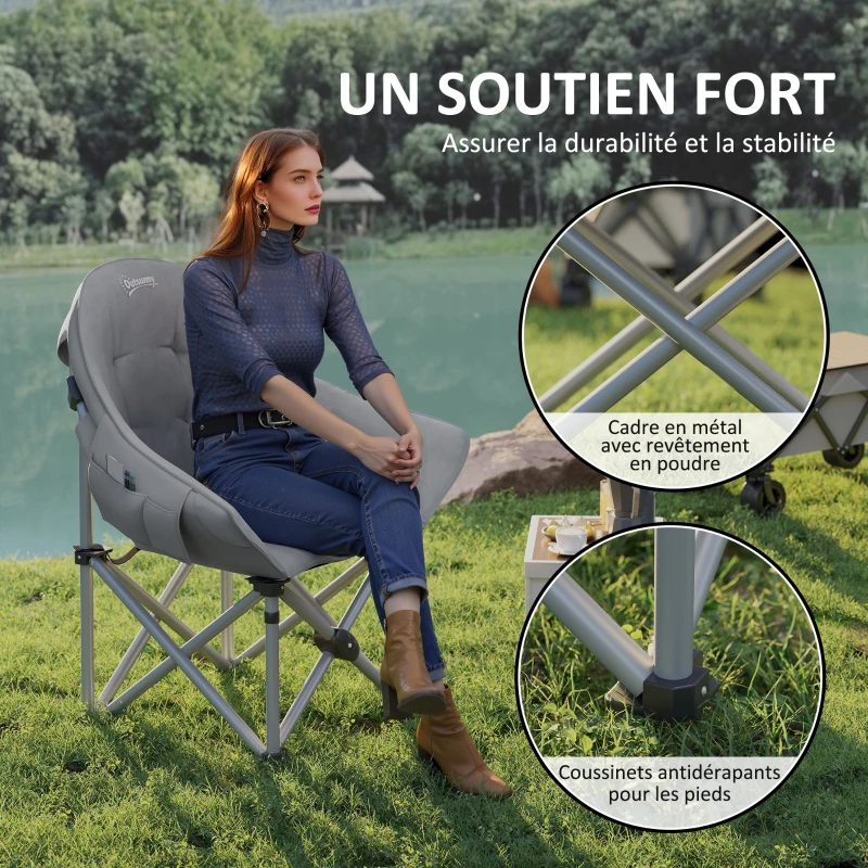 Outsunny Chaise de camping pliante portable et légère avec siège rembourré, poches latérales et sac de transport, gris foncé