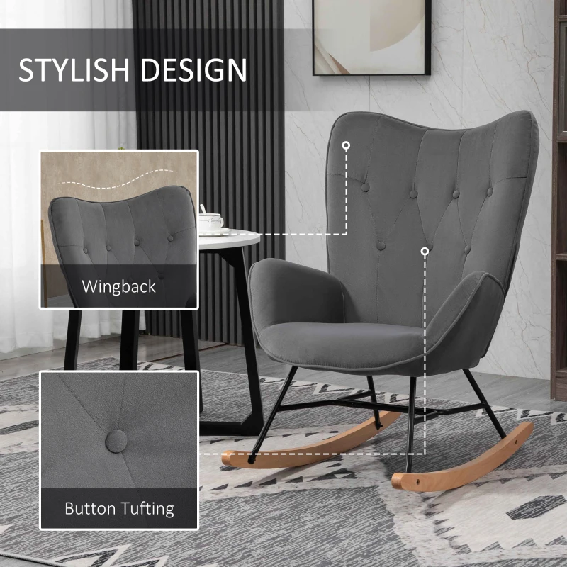 HOMCOM Rocking Chair with Steel Frame Upholstered Relax Armchair Lounge Chair Living Room Chair with Padded Seat Velvety Polyester Rubberwood Metal Dark Gray+Natural 65 x 70 x 96 cm