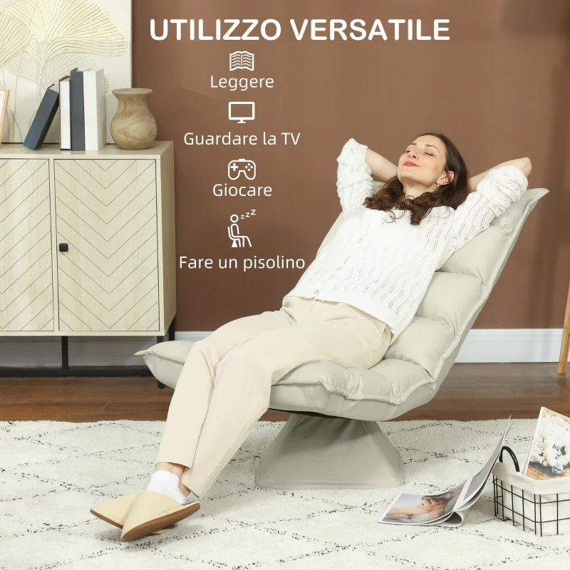 HOMCOM Poltrona in Tessuto Imbottita Girevole a 360° e Reclinabile a 3 Livelli 62x70x95cm, Beige