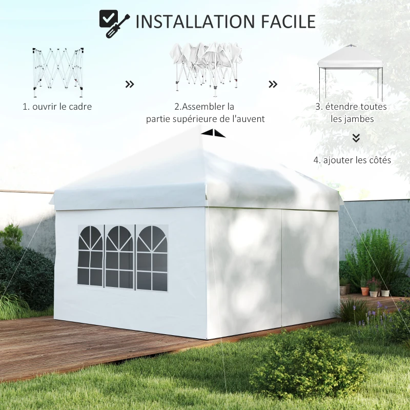 Outsunny Tonnelle pop-up tente de jardin barnum 3x3 m hauteur réglable avec 4 parois latérales amovibles, fenêtres, sac de transport à roulettes - blanc