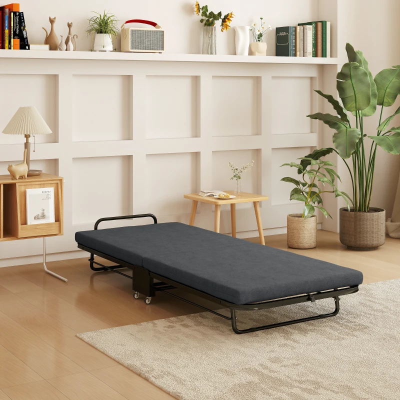 HOMCOM Klappbett für 1 Person 188 x 76 cm, klappbares Gästebett mit 7 cm Matratze auf Rollen, Belastbarkeit 150 kg, Dunkelgrau