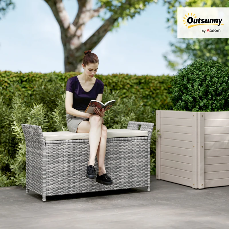 Outsunny Outdoor White Wicker Resin Storage Bench 250L with Removable Cushion, for Garden, Balcony