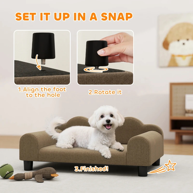PawHut Elevated Dog Sofa Bed, Breathable Pet Sofa with Backrest and Armrest for Small Dogs, Brown