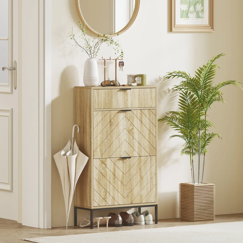 HOMCOM Schuhschrank für 8 Paare mit herausziehbarer Schublade, 2 klappbaren Schubladen, verstellbaren Regalen, 60x24x105,5cm, Eiche