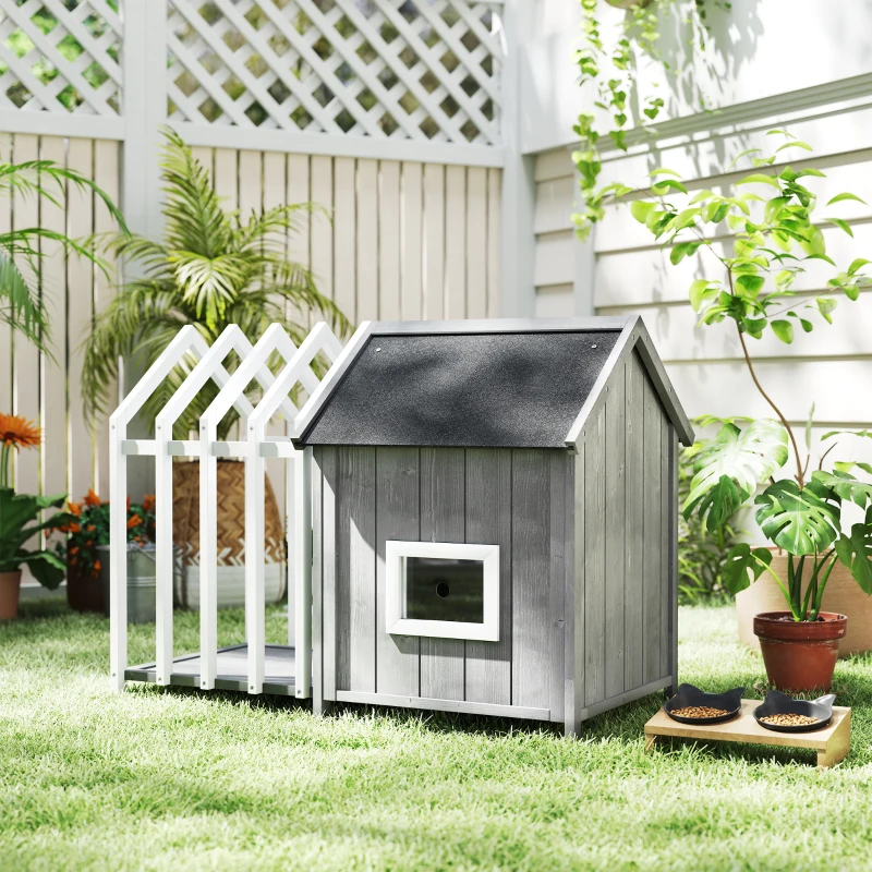 PawHut Hundehütte für den Außenbereich aus Holz, Hundehaus mit Terrasse, Lamellentür, 106 x 62,5 x 80,5 cm, Grau