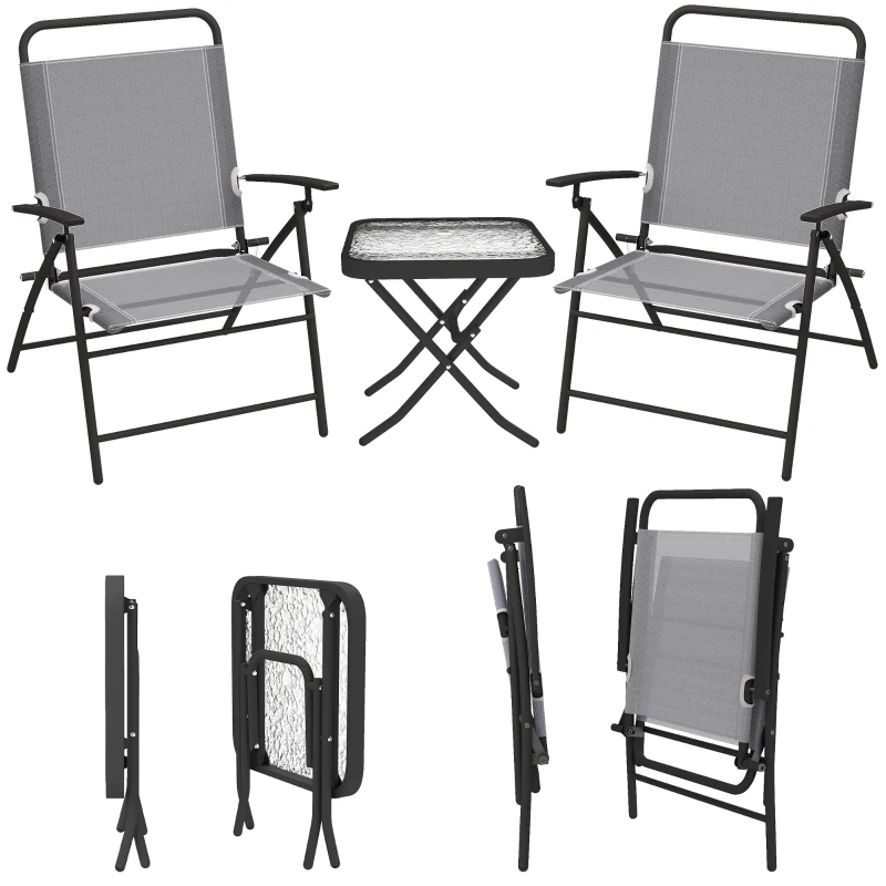 Outsunny Gartenmöbelset mit Tisch mit Glasplatte und 2 klappbaren Stühlen mit verstellbarer Rückenlehne, Grau