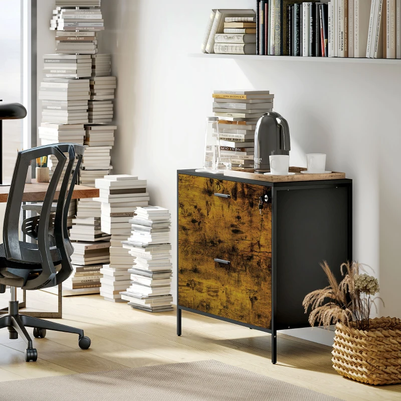 HOMCOM Móvel Arquivo para Escritório com 2 Gavetas Bloco de Gavetas para Arquivos com Fechadura para Pastas Suspensas Tamanho A4 e Carta 80x39x73,5 cm Preto e Marrom