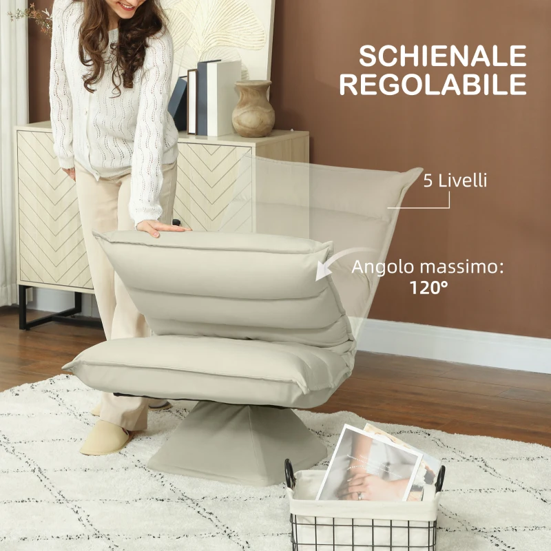 HOMCOM Poltrona in Tessuto Imbottita Girevole a 360° e Reclinabile a 3 Livelli 62x70x95cm, Beige