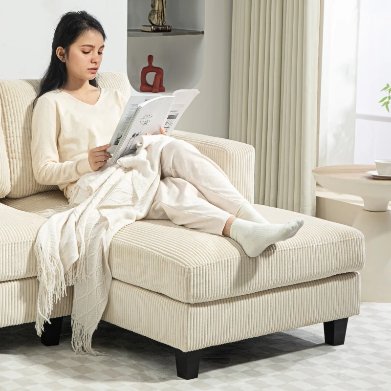 HOMCOM Ecksofa aus Rippvelours, 3-Sitzer Sofa mit Ottomane und dick gepolstertem Federkissen, Breite 214 cm, Beige