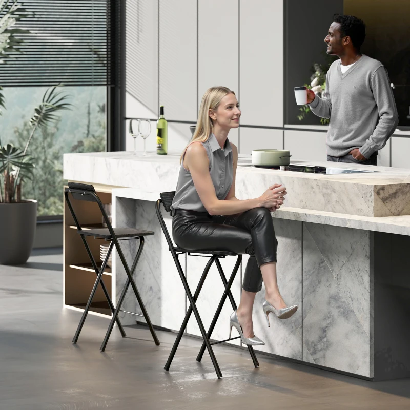 HOMCOM Set aus 2 klappbaren Barhockern mit Rückenlehne und Fußstütze, Stahlgestell, 87 cm hoch, schwarz