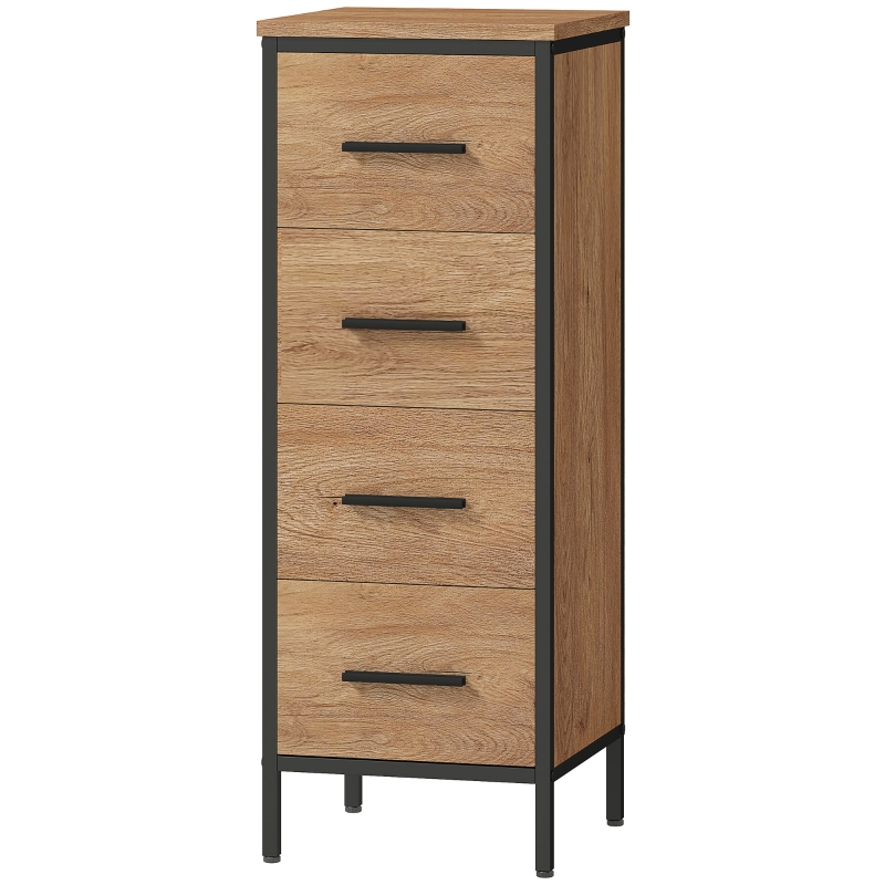 HOMCOM Schmaler Badezimmerschrank mit 4 Schubladen und Stahlstruktur, 30 x 30 x 82 cm, Eiche
