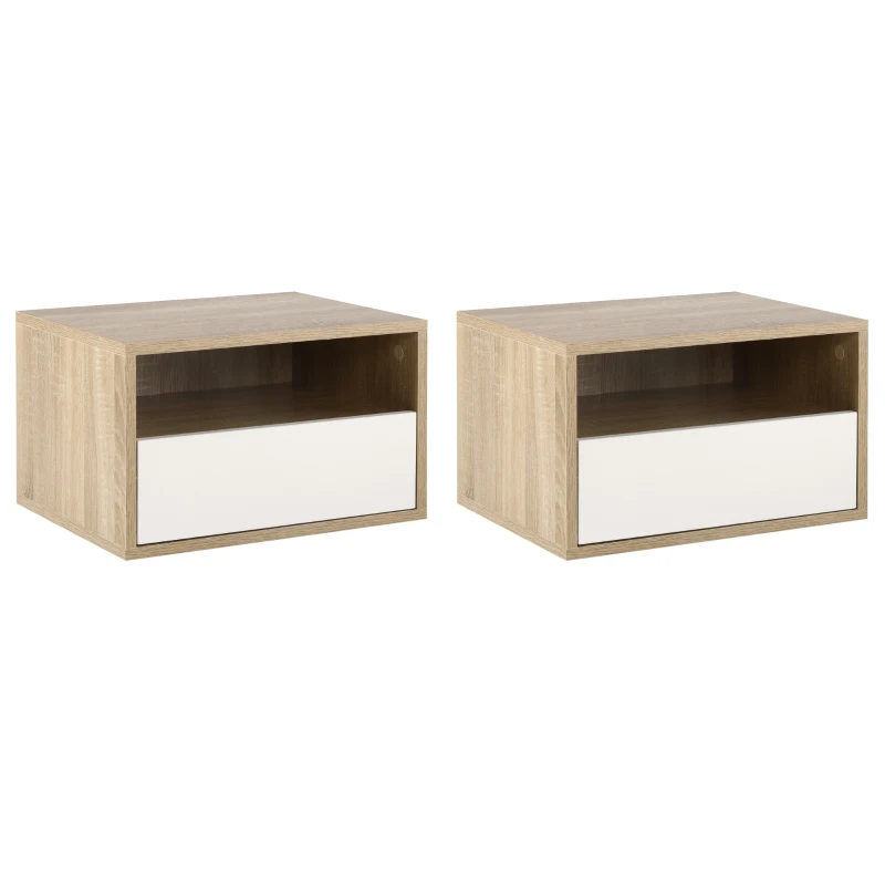 HOMCOM Set 2 Schwebende Nachttische mit Schublade und Regal 45x35x27,5cm - Weiß und Holzfarbe