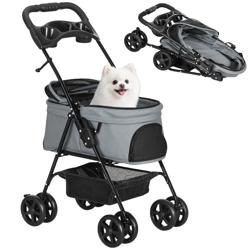 PawHut Carrito para Perros Pequeños con Ruedas Universales Cesta de Almacenaje Correas de Seguridad y Ventanas 67x45x96 cm Gris