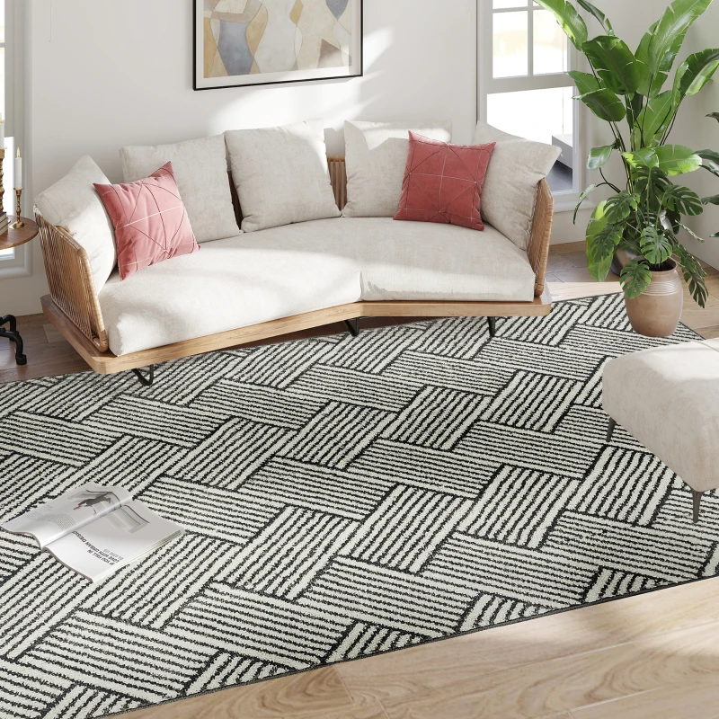 HOMCOM Teppich Wohnzimmer 230 x 160 cm kurzer Flor maschinenwaschbar hypoallergen für Wohnzimmer, Schlafzimmer, Büro, Hellgrau