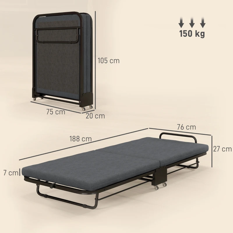 HOMCOM Klappbett für 1 Person 188 x 76 cm, klappbares Gästebett mit 7 cm Matratze auf Rollen, Belastbarkeit 150 kg, Dunkelgrau