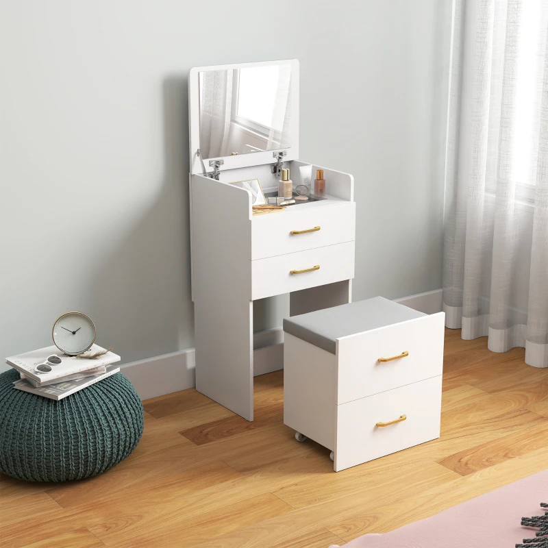 HOMCOM Coiffeuse mit Spiegel und Hocker 3 in 1, 3 Schubladen und transparenter Glassplatte, gepolstertes Kissen, 48 x 40 x 90 cm, weiß