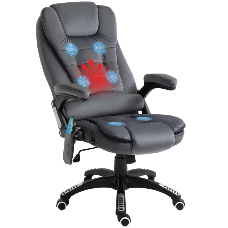 Vinsetto Massage Office Chair Recliner, Ergonomic Gaming Heated Home Office Padded & Swivel Base, Velvet-Feel Fabric, Grey