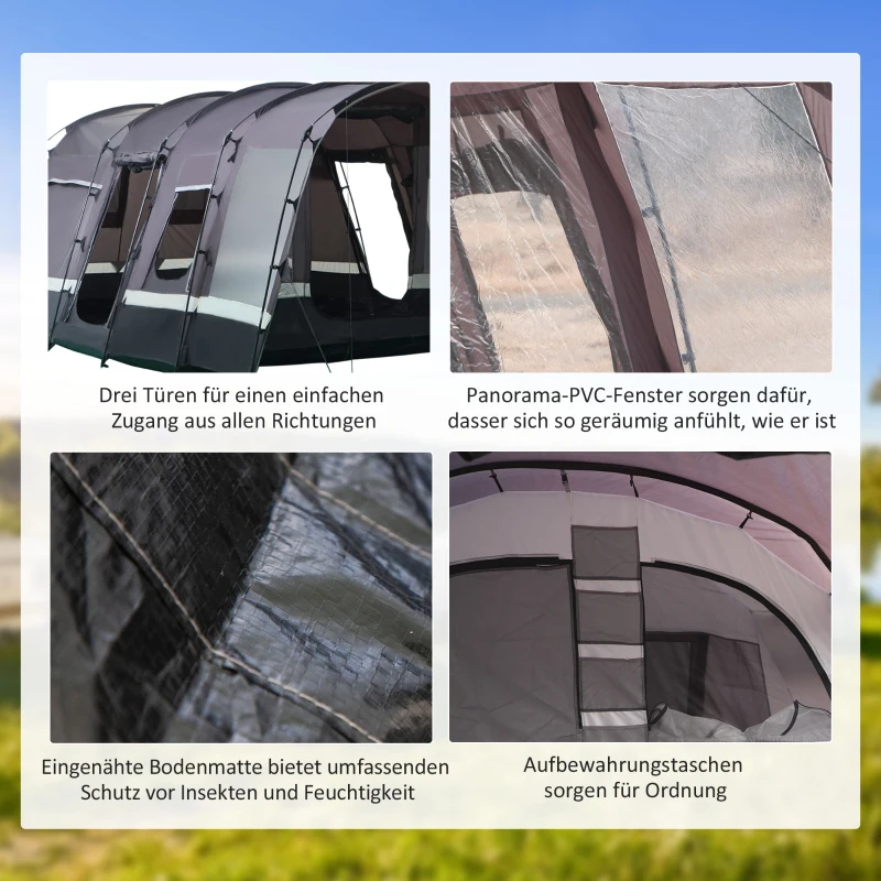 Outsunny Camping Zelt 8 Personen Zelt Tunnelzelt mit Vorraum 4 Fenster Familienzelt PU3000mm für Trekking Festival Glasfaser Dunkelgrau 580 x 320 x 215 cm