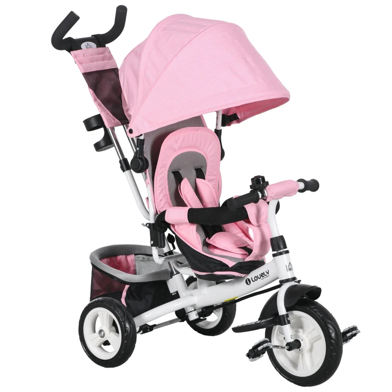 HOMCOM Kinderdreirad 1-5 Jahre mit Lenker und verstellbarem Verdeck, 102x49x102 cm, Weiß und Rosa
