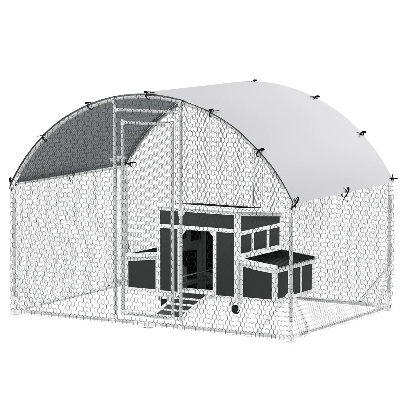 PawHut Conjunto de 1 Galinheiro de Madeira 147x93,5x89,5 cm e 1 Galinheiro grande em Aço Galvanizado 280x190x197 cm Cinza