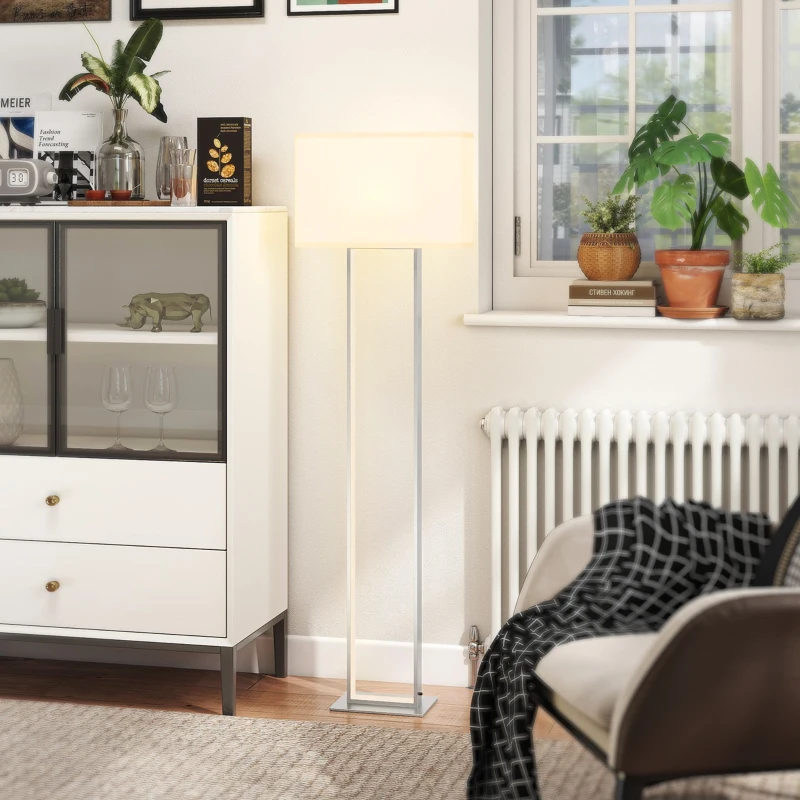 HOMCOM Lámpara de Pie para Salón 150 cm con Pantalla de Tela Luz Nocturna Interruptor de Pie y Base Metálico Blanco