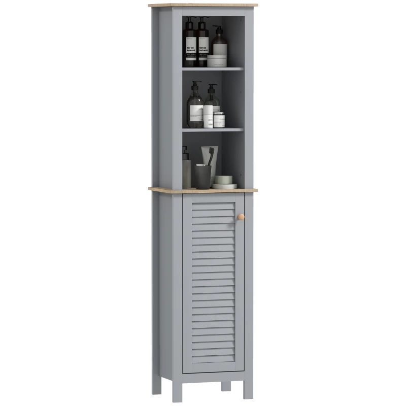 kleankin Bathroom Floor Storage Cabinet with 3 Tier Shelf and Cupboard with Door, Free Standing Linen Tower, Tall Slim Side Organizer Shelves, Grey