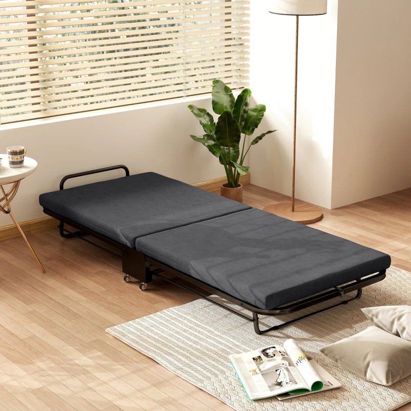 HOMCOM Klappbett für 1 Person 188 x 76 cm, klappbares Gästebett mit 7 cm Matratze auf Rollen, Belastbarkeit 150 kg, Dunkelgrau