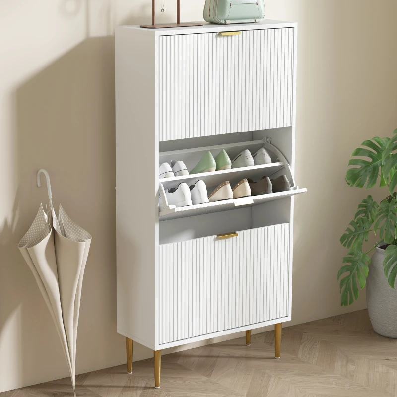 HOMCOM Schuhschrank schmal mit 3 gerillten Türen und verstellbaren Regalen für 18 Paar Schuhe 60x24x128 cm Weiß