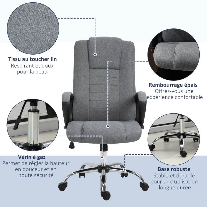 HOMCOM Fauteuil de bureau à roulettes chaise manager ergonomique pivotante hauteur réglable lin gris foncé