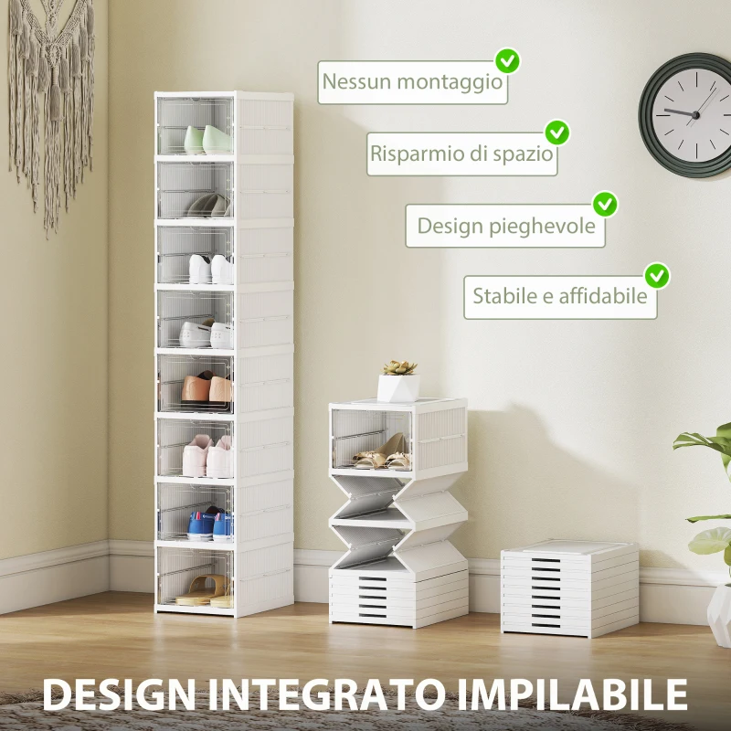 HOMCOM Scarpiera con 8 Contenitori per Scarpe Impilabili e Pieghevoli con Pannello Trasparente, Bianco