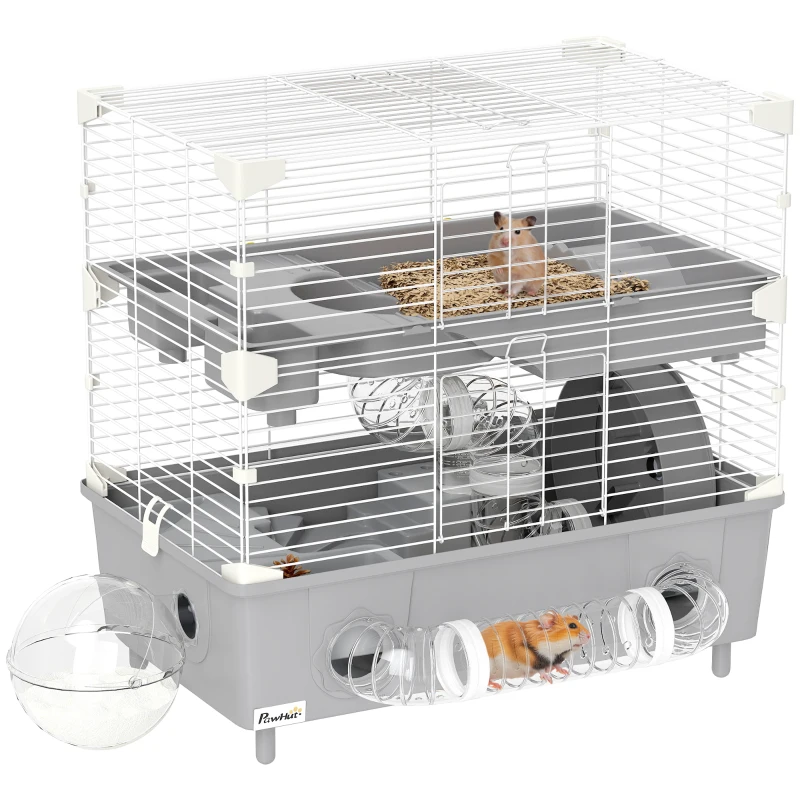 PawHut Hamsterkäfig mit 2 Etagen und 3 Türen mit Laufrad und Röhren, aus Stahl, PS und PP, 44,5x28x44 cm, Grau und Weiß