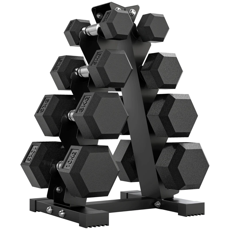 SPORTNOW Set Mancuernas de Gimnasio Hexagonales con Soporte y Agarre Antideslizante, 2x2kg, 2x5kg, 2x8kg, 2x10kg, Negro