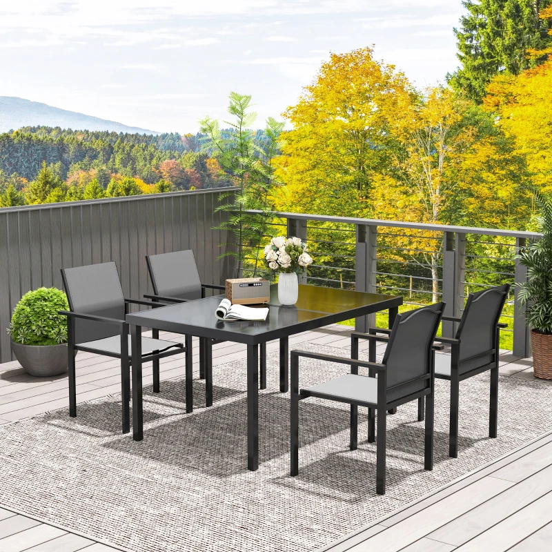 Outsunny Gartentisch im Freien mit 4 stapelbaren Stühlen, 140 cm gehärtetes Glasplatte, 54 mm Sonnenschirmloch, Schwarz