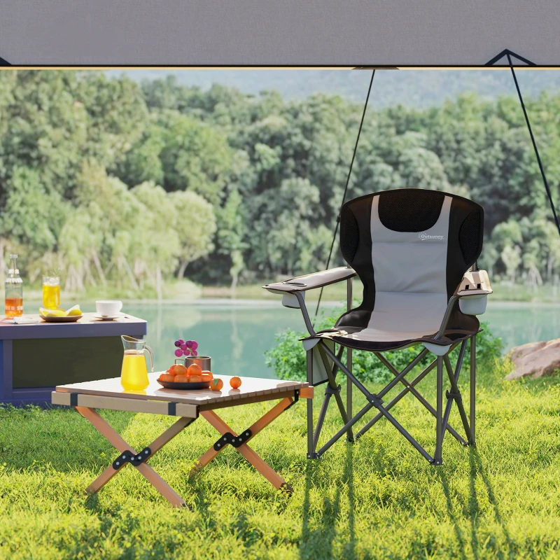 Outsunny Klappbarer Campingstuhl mit höhenverstellbaren Armlehnen, Getränkehalter, Seitenfächern und Kühltasche, Schwarz