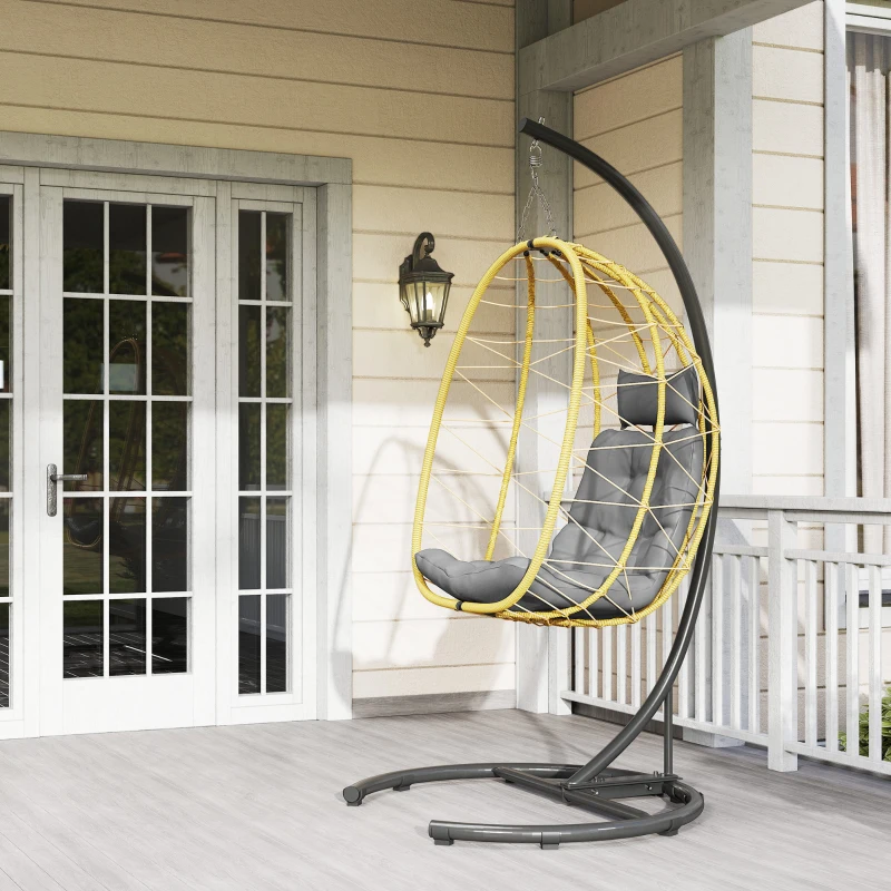 Outsunny Hängesessel mit Kissen, aus Stahl und PE Rattan, 102x102x195 cm, Schwarz Grau und Beige