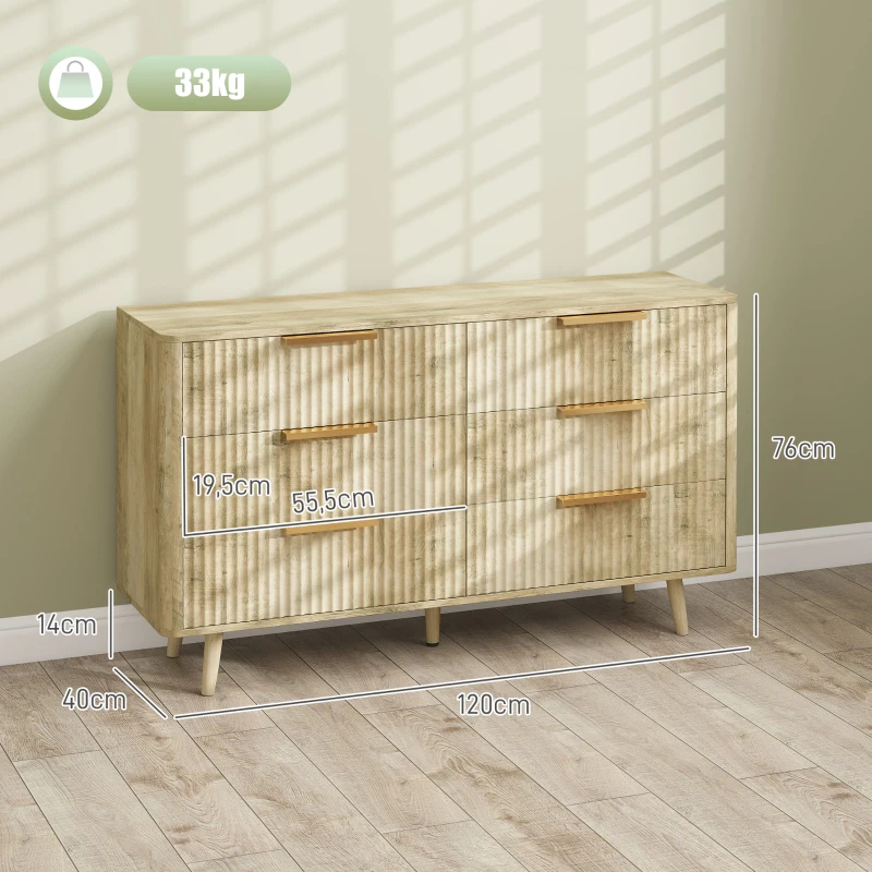 HOMCOM Kommode 6 Schubladen skandinavisch mit Griffen und Kieferfüßen, für Schlafzimmer, Wohnzimmer, Flur, 120x40x76cm, Eiche