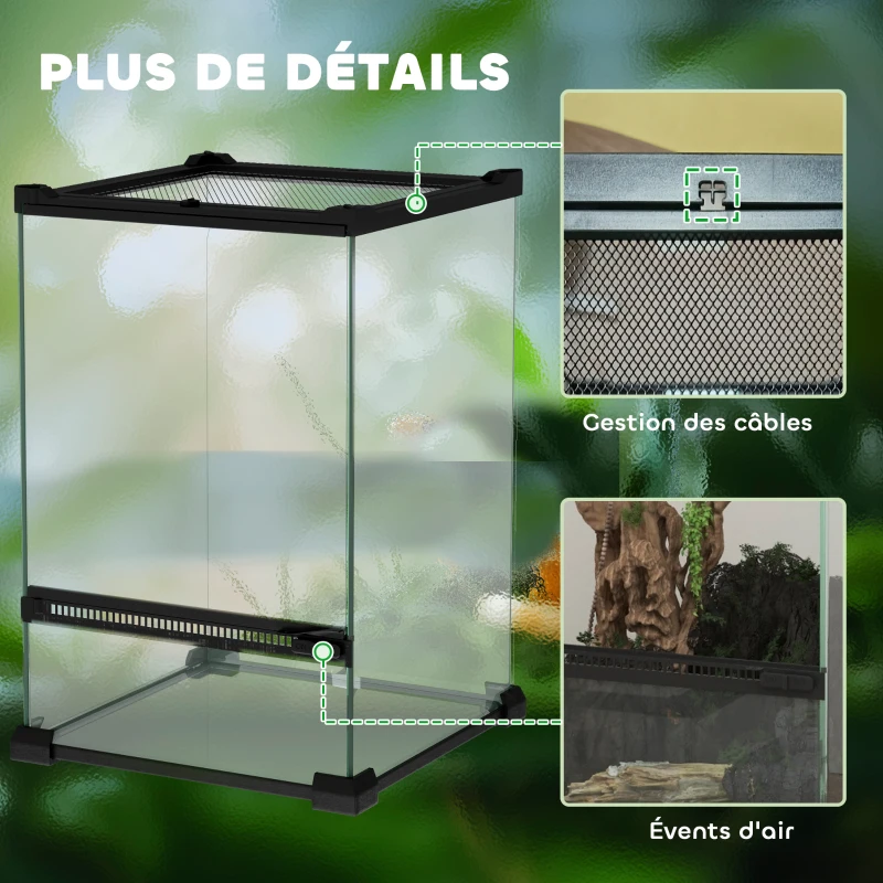 PawHut Glas-Terrarium für Reptilien Vivarium 12 L mit Metallnetzdeckel, 20 x 20 x 30 cm, Schwarz