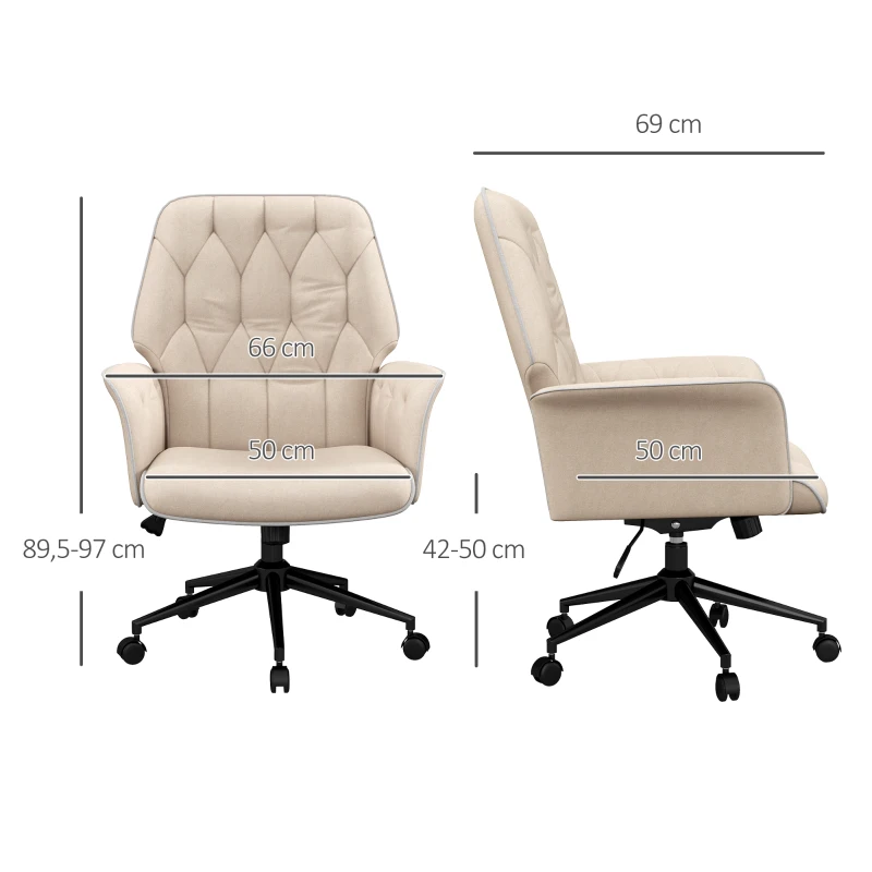 HOMCOM Linen Office Chair, Mid Back Computer Desk Chair with Adjustable Height, Beige