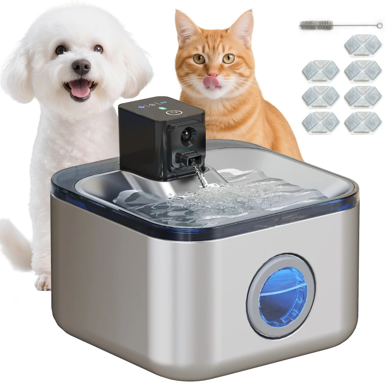 PawHut Automatischer Edelstahl-Katzenbrunnen 4,2L, leise, Katzenwasserspender 3 Filter und USB-Ladegerät, silber