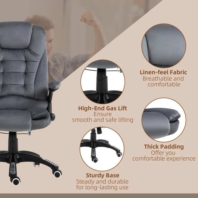 Vinsetto Massage Office Chair Recliner, Ergonomic Gaming Heated Home Office Padded & Swivel Base, Velvet-Feel Fabric, Grey