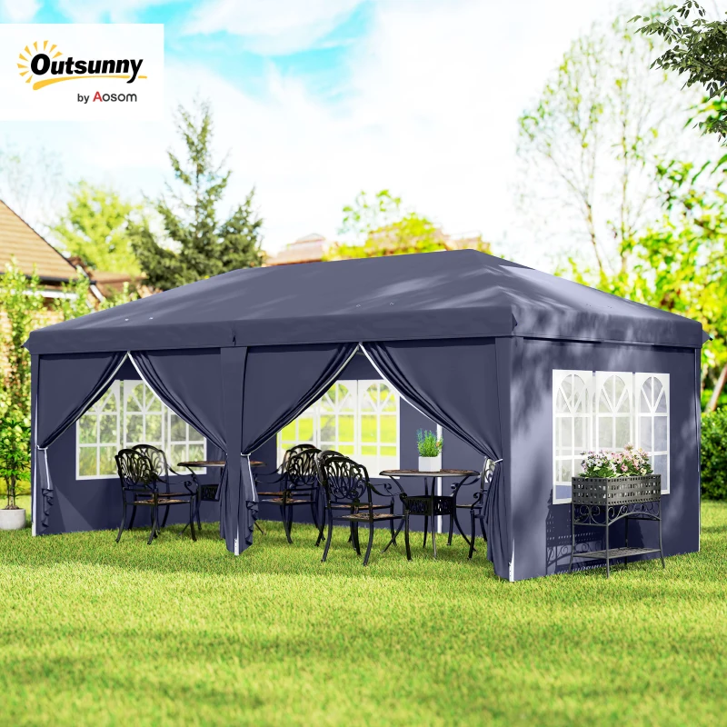 Outsunny Folding Pavilion 6 x 3m, Removable Side Walls, Large Windows, Zipper Doors, Steel Frame, Blue